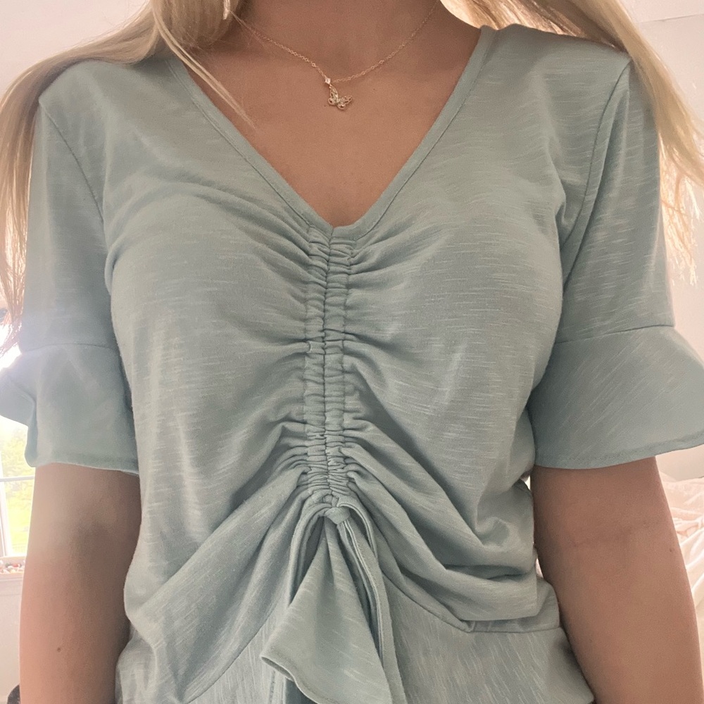 Juicy Couture Blue Ruched Tie Front Blouse